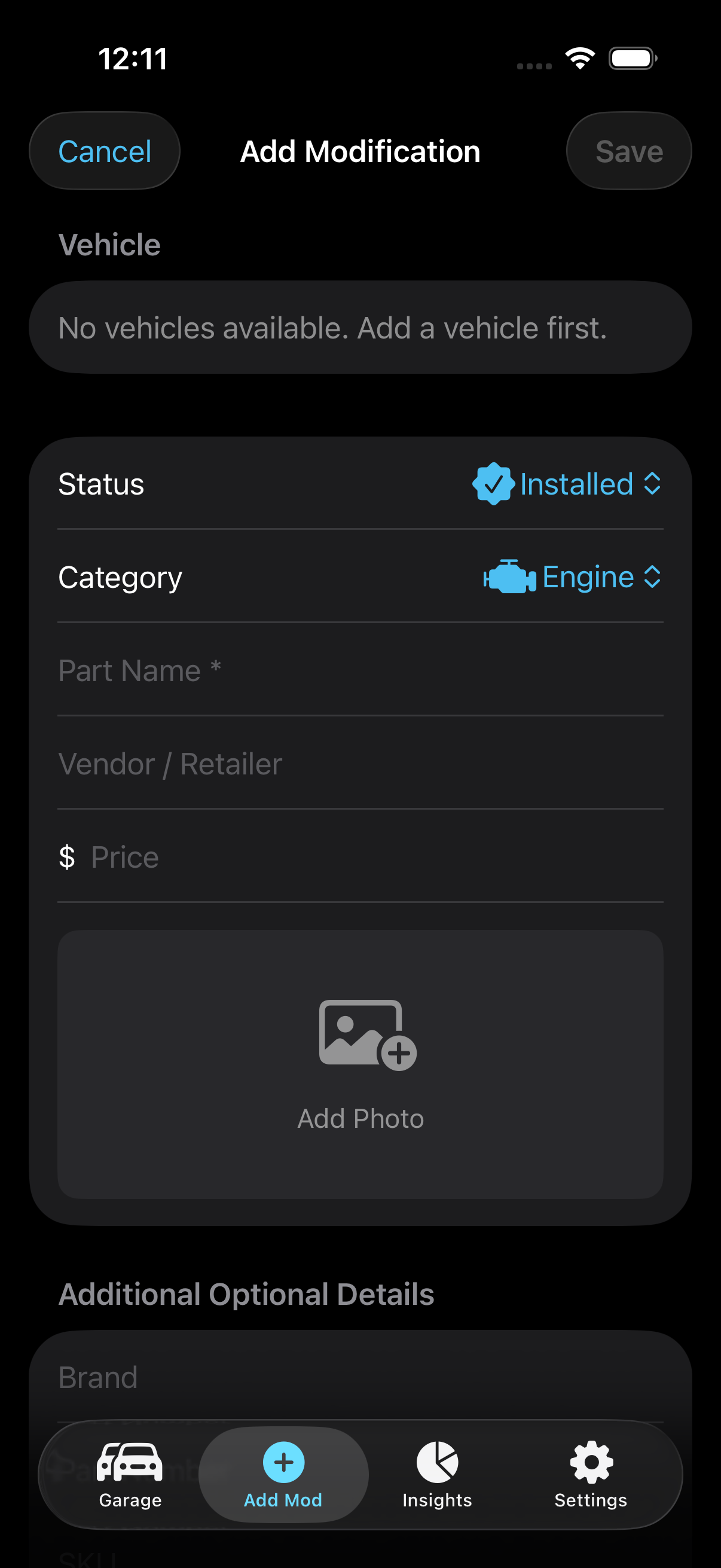 Add Modification Screen